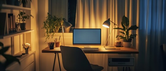 A stylish cozy office with a compact desk accent lighting and calming neutral colors for focus