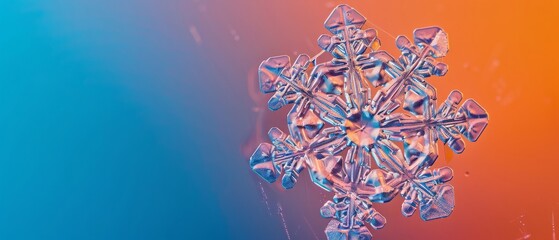 Obraz premium Snowflake on blue-orange smooth gradient background. This is macro photo of real snow crystal small and simple hexagonal plate with relief central hexagon and unusual elements at outer rim.