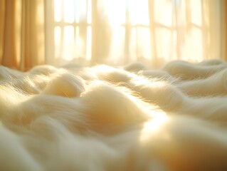 A soft, fluffy surface illuminated by warm sunlight filtering through curtains.