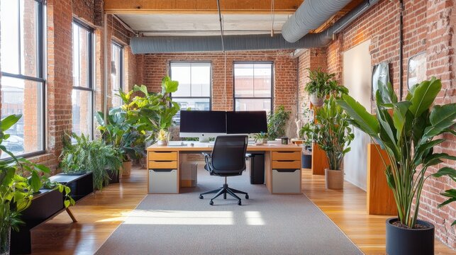 A modern rustic cozy office with exposed brick walls a sleek desk and greenery for a productive vibe