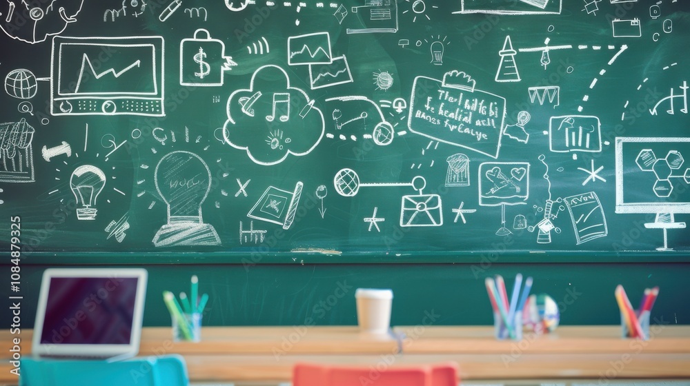 Poster A traditional classroom chalkboard with a digital projection showing interactive lessons, set in a modern school, symbolizing the integration of classic education tools and modern technology