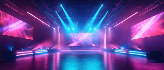 A high-tech esports tournament stage with dramatic lighting and energetic fans