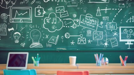 A traditional classroom chalkboard with a digital projection showing interactive lessons, set in a modern school, symbolizing the integration of classic education tools and modern technology