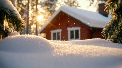 Fototapeta premium Charming farmhouse in snowy landscape winter scene icy details