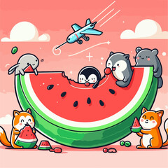 Illustration of a cat and mouse eat watermelon