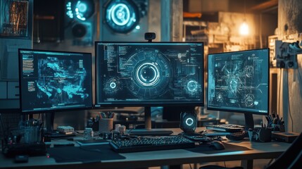 Fototapeta premium A creative concept of a game developer's workspace with glowing monitors and intricate designs