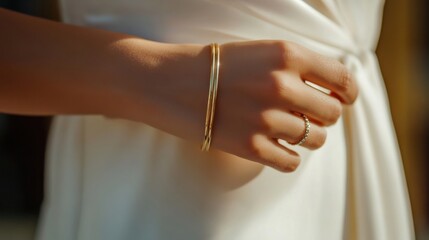 Close-up of an elegant bracelet on a woman’s arm, showcasing minimalistic luxury and refined style in a fashion-forward setting