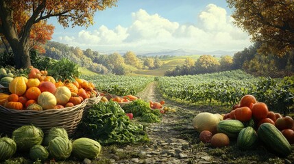 A bountiful harvest of seasonal fruits and vegetables in a picturesque countryside field