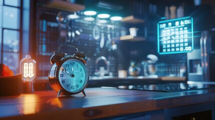 A traditional clock with a holographic digital calendar floating above it, set on a modern kitchen counter, symbolizing the blend of old and new methods of tracking time