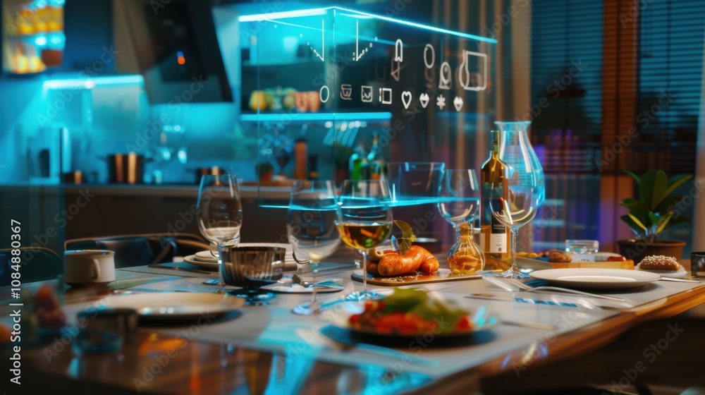 Poster A traditional family dinner setup with a virtual assistant hologram displaying a cooking tutorial, placed in a modern dining room