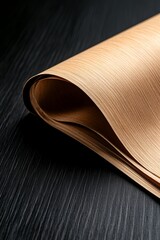Close-up of a rolled piece of textured wood veneer on a dark wooden surface, highlighting the smooth curves and intricate wood grain pattern