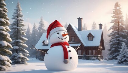 Obraz premium 3d illustration wallpaper of snowman wearing Christmas hat with house background.