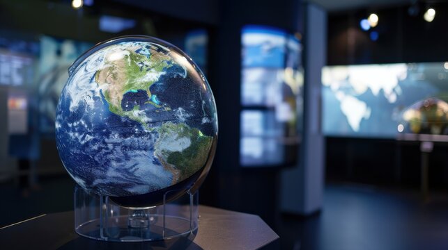 A traditional globe with augmented reality overlays showing global weather patterns, placed in a contemporary weather station - Powered by Adobe