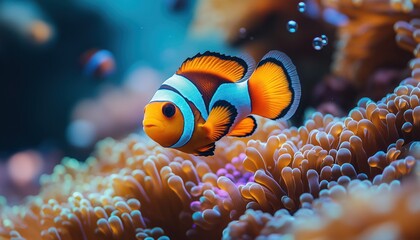 Clown fish with coral reef underwater scene