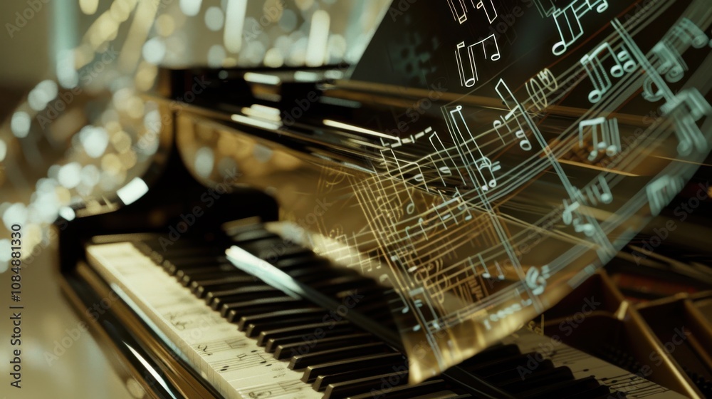 Poster a traditional music sheet with digital notes floating above it, set on a contemporary piano, symboli