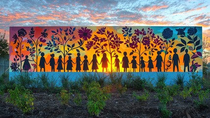 Vibrant mural depicting figures and flowers at sunset, showcasing community and nature.