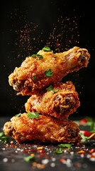 Vibrant french fries and crispy fried chicken wings in midair action dark backdrop food photography culinary art captivating viewpoint