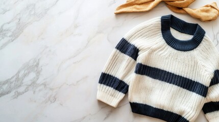 Showcasing striped pullover sweater smooth marble background fashion product photography elegant environment top view stylish concept