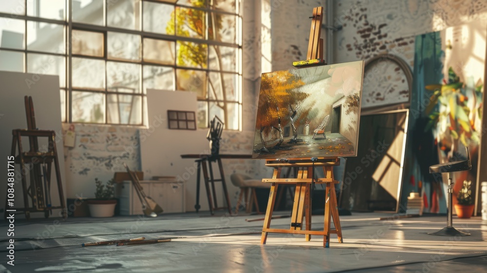 Poster a traditional painting easel with a digital canvas showing augmented reality art, set in a modern ar
