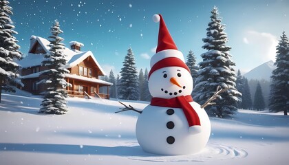 Naklejka premium 3d illustration wallpaper of snowman wearing Christmas hat with house background.