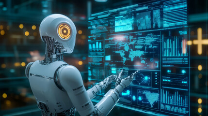 Create innovative cutting-edge business graphics illustrating the impact of AI and automation on modern workplaces