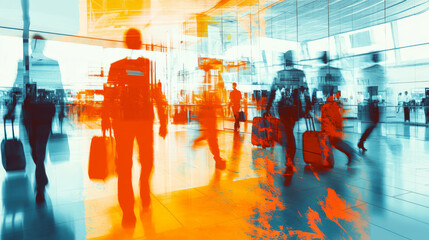 Design a dynamic image of airport staff in action, including security personnel, baggage handlers, and customer service representatives