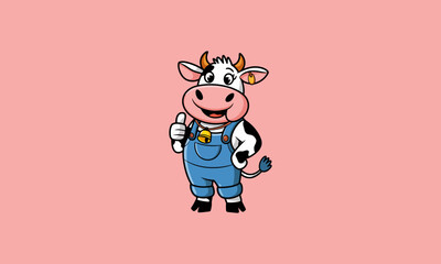 Cheerful cartoon cow in overalls giving a thumbs up.