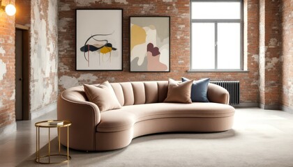 Modern living room with curved boucle sofa and abstract art for interior design inspiration