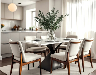Modern dining room with elegant table setting and boucle textured chairs