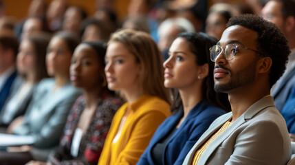 Diverse audience engaged during a business presentation