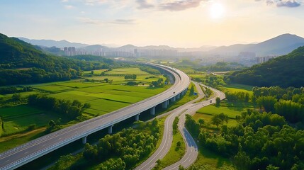 Fototapeta premium Aerial highway intersection green fields. A scenic aerial view of a winding road through lush green landscapes, with mountains and a city skyline in the distance under a bright sky.