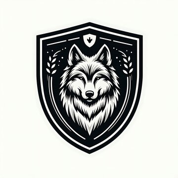 Monochrome wolf head emblem inside a shield with wheat.