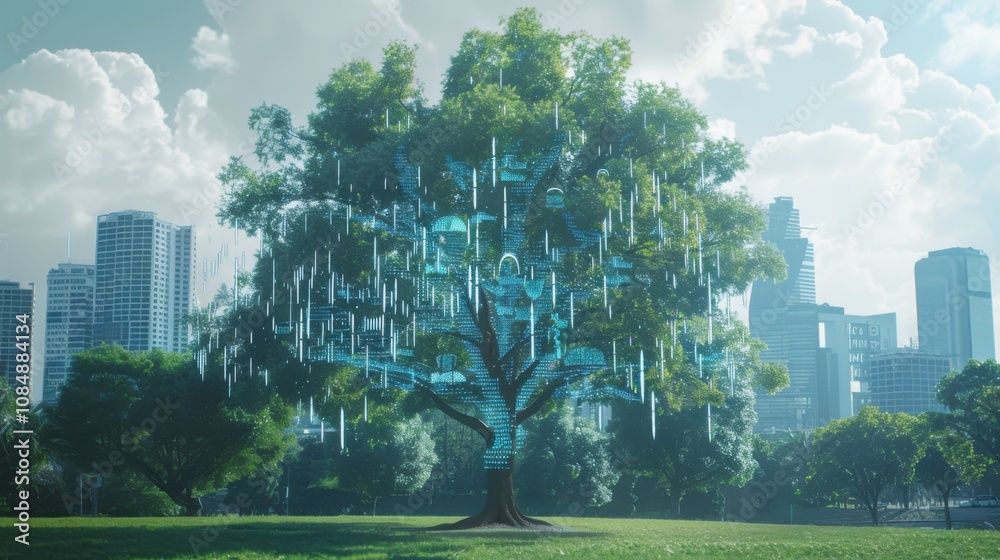 Poster a tree with digital screens for leaves, set in a park with a city skyline in the background, symboli