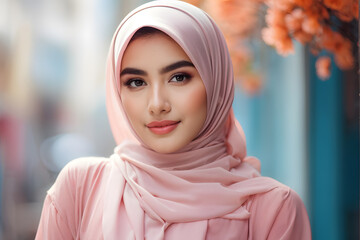 A woman wearing a pink hijab with a pink scarf