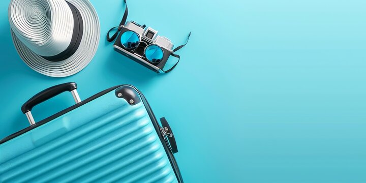 Summer Vacation Essentials: Suitcase, Hat, Camera, and Sunglasses Ready for Adventure!