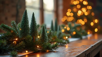 Christmas tree branch decorations on wooden table