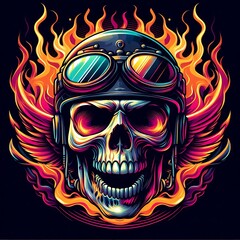 Fototapeta premium Flaming skull wearing aviator helmet and goggles, surrounded by wings.