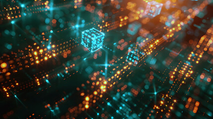 Obraz premium digital blockchain network concept with glowing cubes