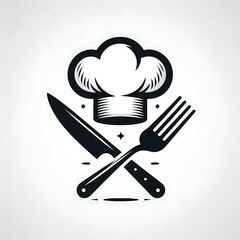 Chef's hat, knife, and fork icon.  A monochrome illustration perfect for restaurants, menus, or culinary businesses.