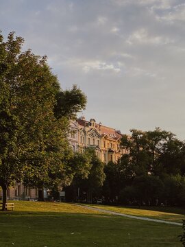 Afternoon sun casting a warm glow on classic Prague architecture, seen from a green, quiet park setting