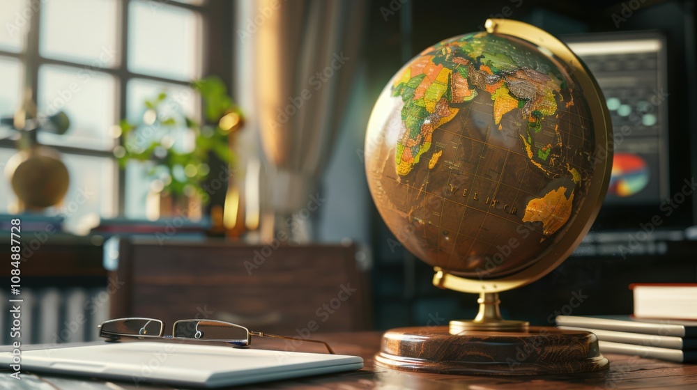 Poster A vintage globe with a digital interface displaying real-time weather patterns, placed in a contemporary study room, symbolizing the blend of geographical exploration and modern meteorological data