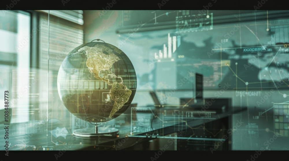 Poster a vintage globe with digital overlays showing real-time global news, set in a minimalist office, sym