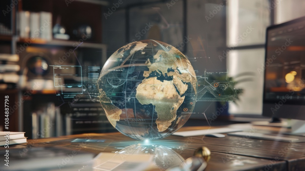 Aufkleber a vintage globe with digital overlays showing real-time global news, set in a minimalist office, sym