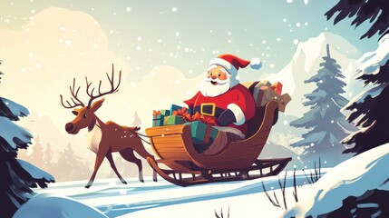 Naklejka premium Jolly Santa Riding Sleigh with Gifts in Winter Wonderland