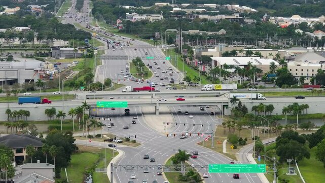 Freeway diverging diamond junction with fast moving traffic cars in Sarasota, Florida. Interstate transportation infrastructure in USA