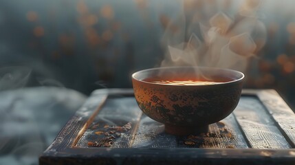 Hot tea in a copper bowl on a wooden table in a restaurant