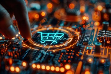 Obraz premium A hand is pointing to a shopping cart on a computer screen