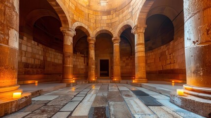 Obraz premium church holy sepulchre interior A serene underground chamber with ancient stone arches, softly illuminated by candles, creating a tranquil, mystical atmosphere.