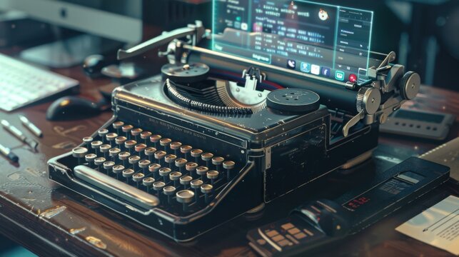 A vintage typewriter with a holographic screen displaying social media feeds, placed on a modern office desk, symbolizing the blend of classic writing tools and digital communication