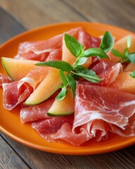 Delicious italian prosciutto and melon breakfast set vibrant presentation culinary delight kitchen environment close-up view for a flavorful start to your day